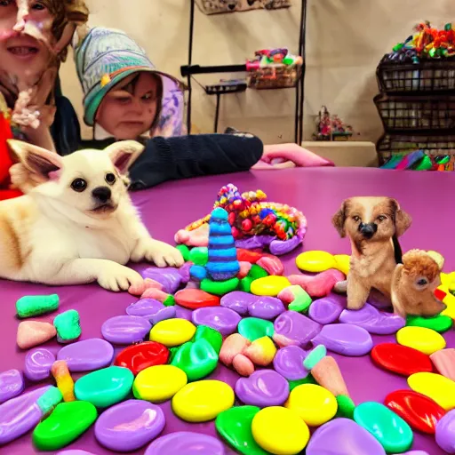 Image similar to candy land with a bunch of small puppies