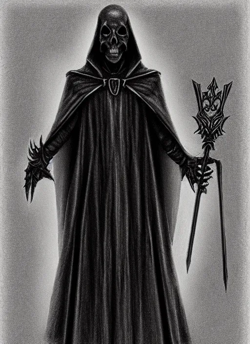 Image similar to pencil ultradetailed sketch of the necromancer, wearing a black cloak, crisp