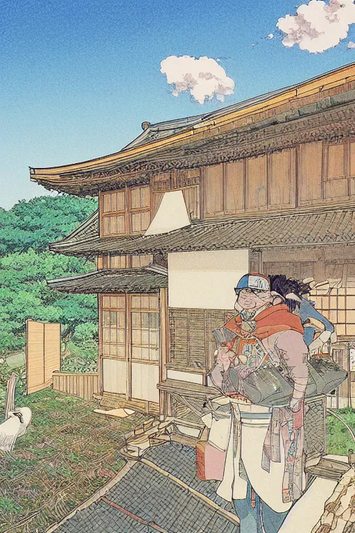 Image similar to beautiful anime illustration of a rural japanese home, by moebius, masamune shirow and katsuhiro otomo