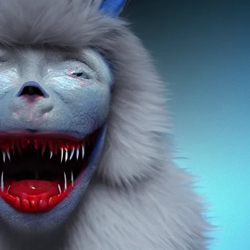 Image similar to a blue furry creature with large red lips, sharp teeth, 4 k photorealistic quality, trending on cgsociety, horror art, eerie art style