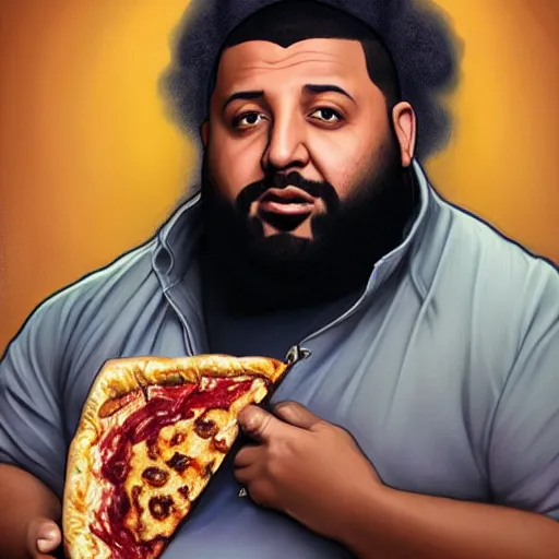 Image similar to portrait of DJ Khaled with wavy big hairstyle holding a pizza pie drooling as a Grand Theft Auto Cover, elegant, intricate, headshot, highly detailed, digital painting, artstation, concept art, sharp focus, illustration, art by artgerm and greg rutkowski and alphonse mucha