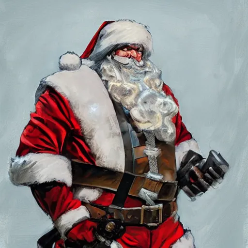 Image similar to greg manchess portrait painting of fully armored santa claus as overwatch character, medium shot, asymmetrical, profile picture, organic painting, sunny day, matte painting, bold shapes, hard edges, street art, trending on artstation, by huang guangjian and gil elvgren and sachin teng