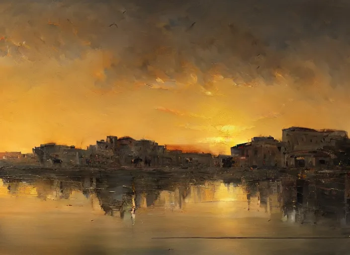 Prompt: A painting of a panoramic view of Pescara at sunset, by Greg Rutkowski and James Gurney, trending on Artstation, highly detailed