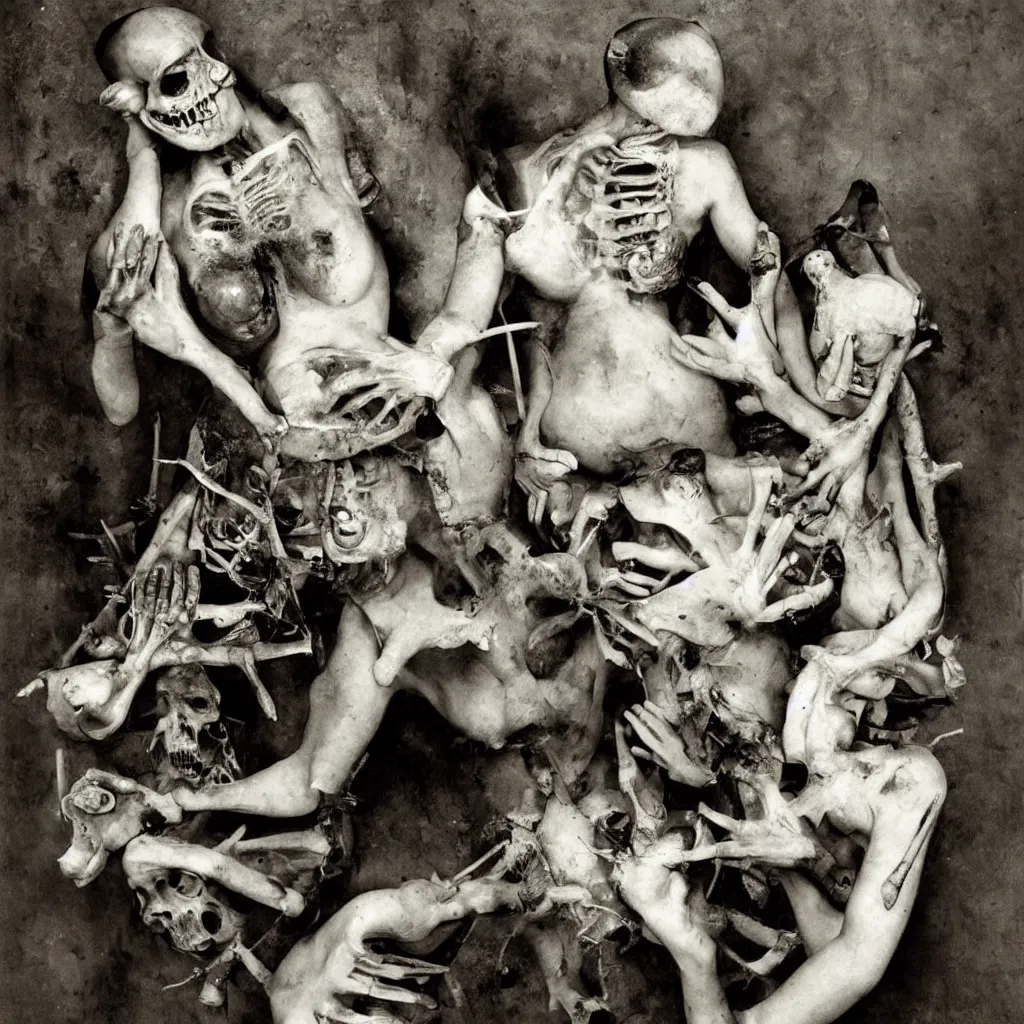Image similar to a woman with hands in her belly and nails on her head, a lump on her back and tumors on her skin, open thorax with bones, half cut, in the style of joel peter witkin, robert doisneau