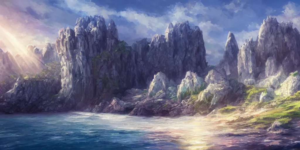 Image similar to salt covered islands surrounded by sheer gleaming quartz cliffs, illustration, bright sunlight, sun glints, sunrays, digital art, oil painting, fantasy, 8 k, trending on artstation, detailed