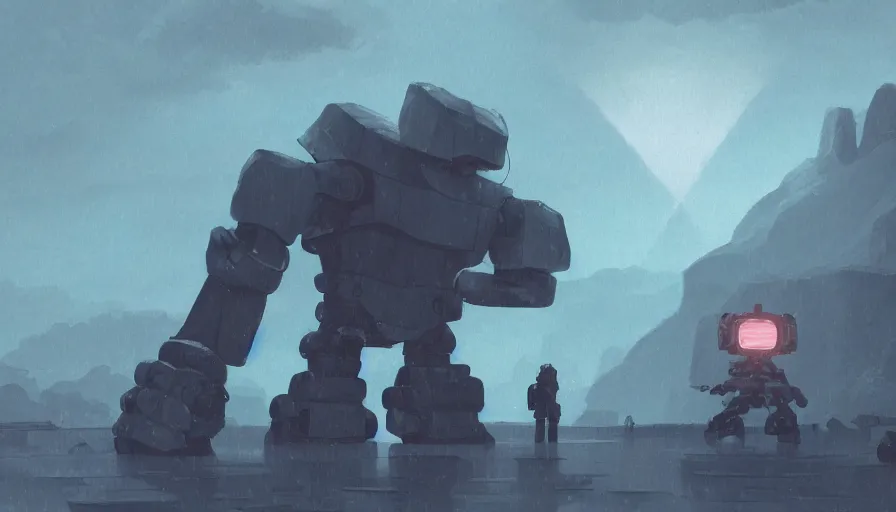 Image similar to a giant robot fighting a giant stone golem in rain, helicopters spotlight, sharp focus, james gilleard, cinematic, game art, extremely detailed digital painting, print