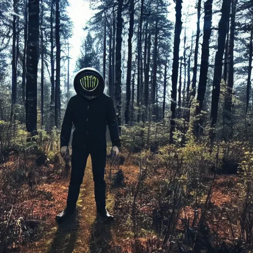 Image similar to picture of Metalhead standing in Dark boreal forest