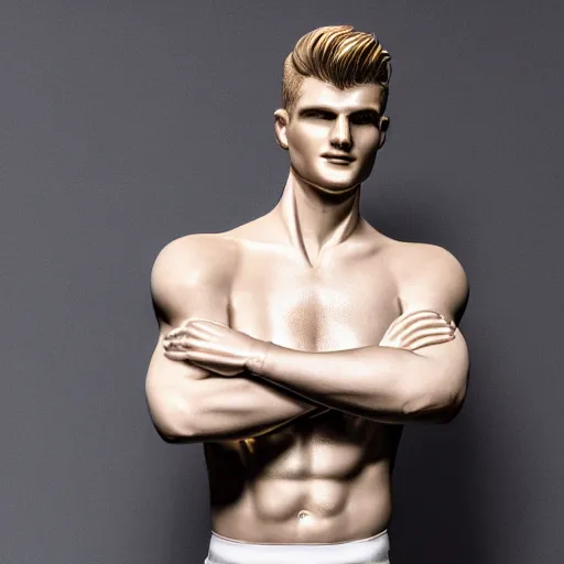 Image similar to a realistic detailed photo of a guy who is an attractive humanoid who is half robot and half humanoid, who is a male android, soccer players timo werner, shiny skin, posing like a statue, blank stare, in a factory, on display, showing off his muscles, gold soccer shorts, side view