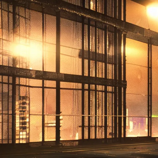 Prompt: cyberpunk futuristic prison, prison complex, dark, barbed wire fence, barred windows, moody atmosphere, chains, police lights, ultra - realistic, night photography, artstation award