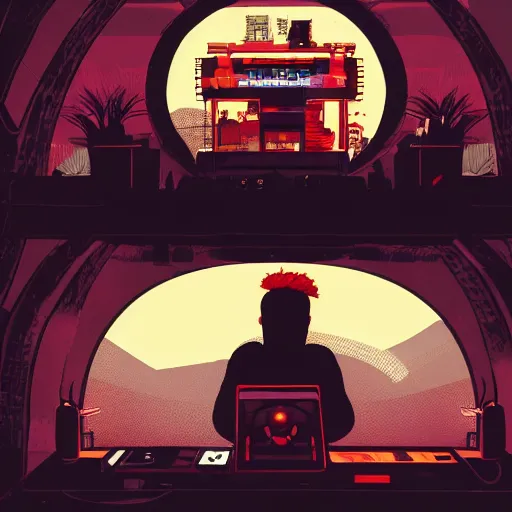 Image similar to in the style of max prentis and deathburger and laurie greasley a young explorer wearing a cyberpunk headpiece playing video games in his treehouse, highly detailed, midnight, 8 k wallpaper