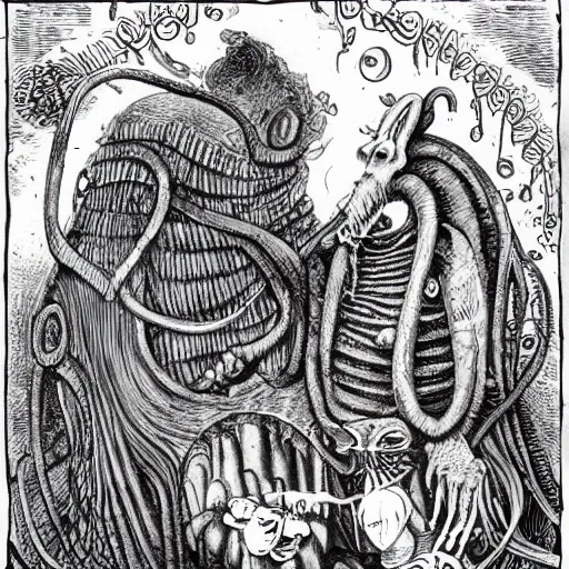 Prompt: twas brillig, and the slithy toves did gyre and gimble in the wabe | lewis carroll and hp lovecraft with doctor seuss and hr giger