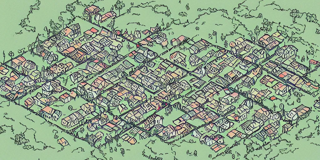 Prompt: simplistic town layout, art by allixander maps, acrylic drawing, fantasy, world, bright, clear, simple, sharpened