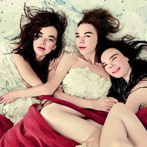 Image similar to stunning vogue magazine photo of dark - haired goddesses vanessa kirby, hailee steinfeld, and bjork smiling, legs intertwined, laying back on the bed, with wet faces!!, wet lips, smooth skin, perfect eyes, insanely detailed, elegant, by wlop, rutkowski, livia prima, mucha, wlop,