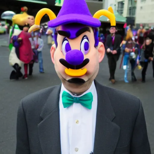 Image similar to Mr bean cosplaying as waluigi, candid hd photography