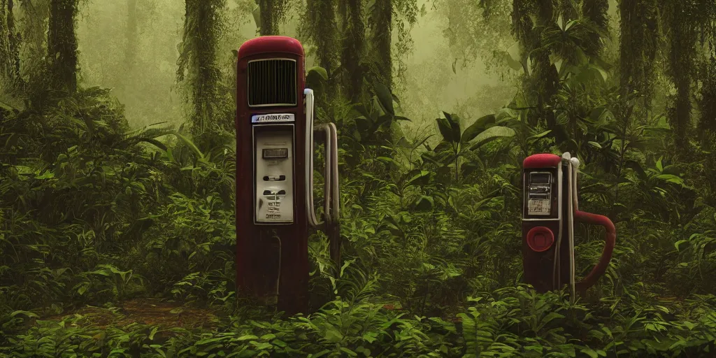 Image similar to old abandoned gas pump somewhere in the rainforest. nature is taking over. mist. cinematic. octane render.