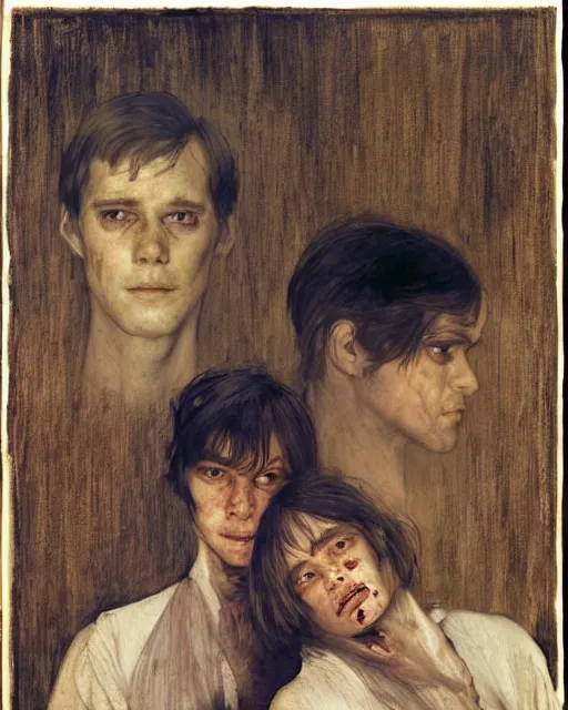 Prompt: two handsome but creepy siblings in layers of fear, with haunted eyes, 1 9 7 0 s, seventies, wallpaper, a little blood, moonlight showing injuries, delicate embellishments, painterly, offset printing technique, by coby whitmore, jules bastien - lepage