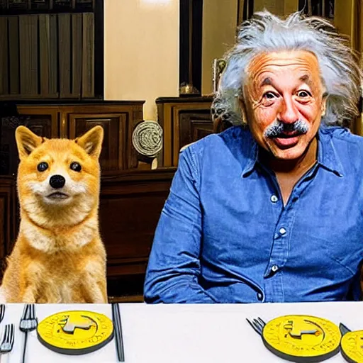 Image similar to photo of elon musk and albert einstein sitting next to each other at a table with stacks of dogecoin