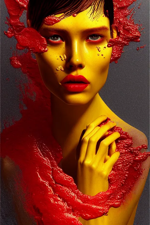 Prompt: 3 d, close - up, boiling liquid gold and red water, frown fashion model, vogue style, poster art, high detail, intricate oil painting, multiple exposure, deep yellow mood, hyperrealism, 3 d, by tooth wu and wlop and beeple and greg rutkowski