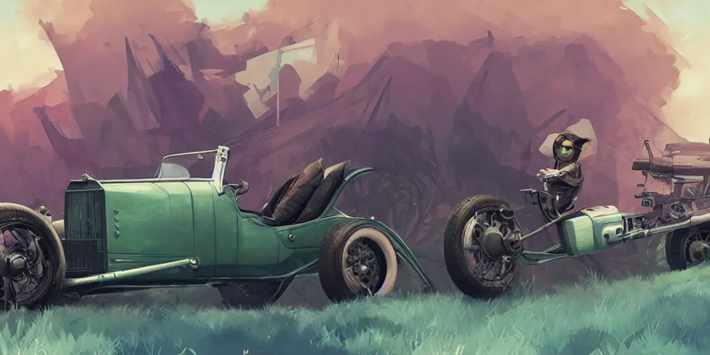 Image similar to 1920's hotrod featured in no mans sky concept art, highly detailed, soft colors, art by by Charlie Bowater, by Mark Brooks