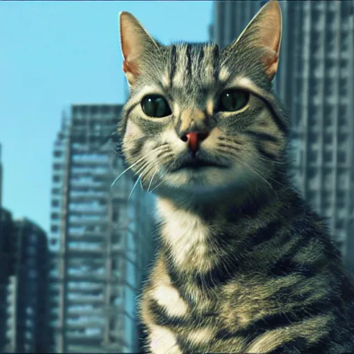 Image similar to film still of an anthro cat as robert neville in I am legend (2007), film grain, realistic, 4k, hd