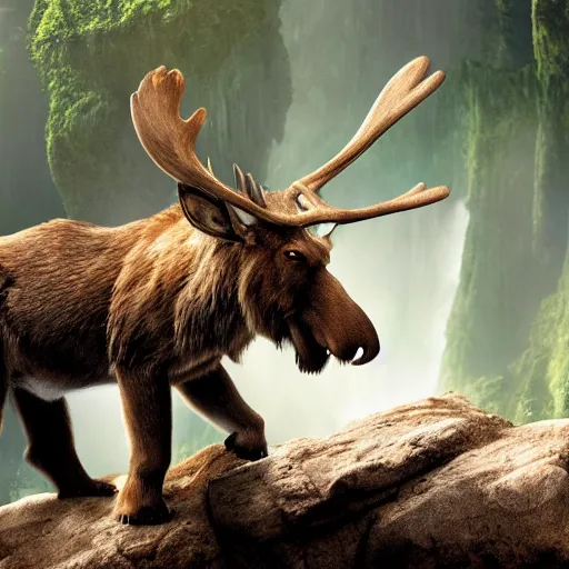 Image similar to a photograph of sabertooth moose cub. live action still from avatar the last airbender ( 2 0 2 5 ). color harmony, 8 k detail, gallery quality, hd wallpaper, premium prints available.