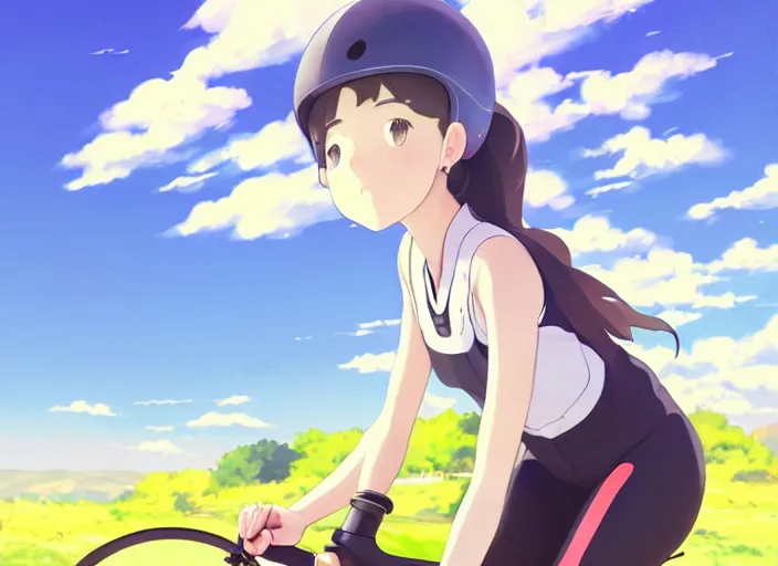 Image similar to portrait of cute girl riding road bike, sunny sky background, lush landscape, illustration concept art anime key visual trending pixiv fanbox by wlop and greg rutkowski and makoto shinkai and studio ghibli and kyoto animation, symmetrical facial features, sports clothing, black road bike helmet, nike cycling suit, backlit, aerodynamic frame, gta 5