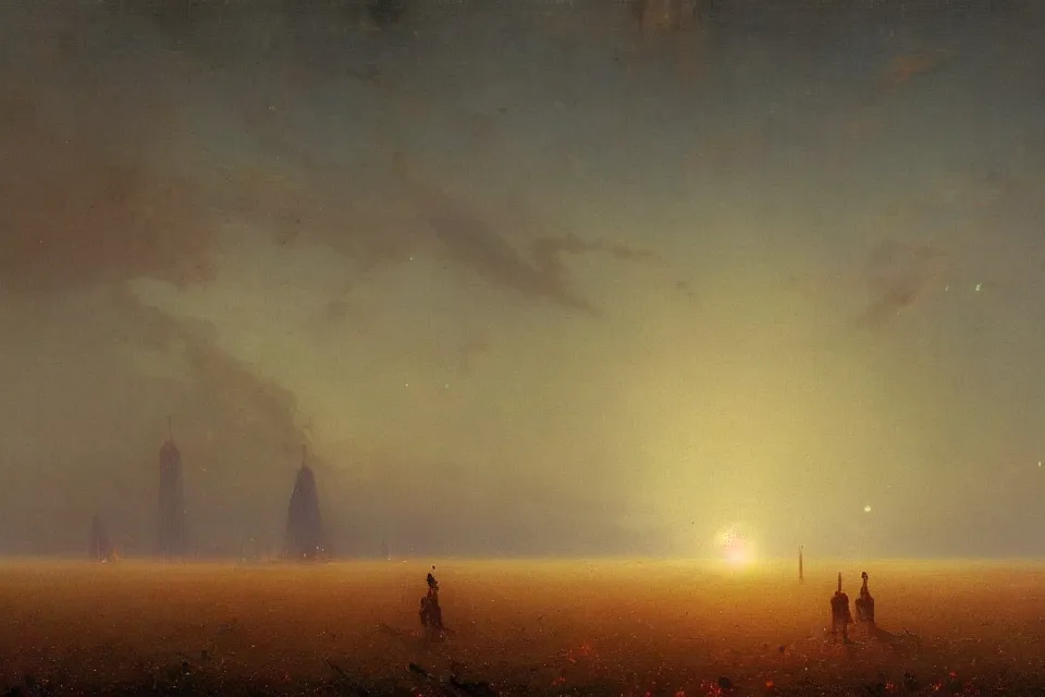 Image similar to sci-fi painting of a large alien city on the vast wheat fields, the closed back view of only one humanoid robot on the ground, by Ivan Aivazovsky, godrays, detailed