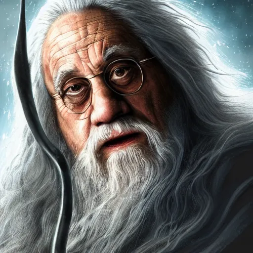 Image similar to ultra realistic illustration, danny devito as gandalf the white from lord of the rings movie, full body, high quality, highly detailrd, wide angle, illustration, digital art, full color