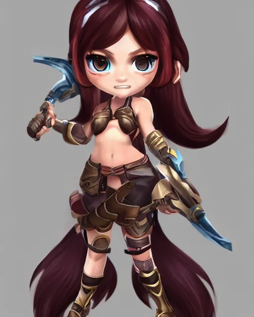 Prompt: female warrior mini cute style, highly detailed, rendered, ray - tracing, cgi animated, 3 d demo reel avatar, style of maple story, maple story gun girl, katelynn from league of legends chibi, perfect eyes, realistic human eyes