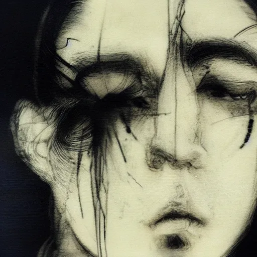 Prompt: Yoshitaka Amano blurred and dreamy illustration of a man with black short hair fluttering in the wind and cracks on his face, abstract black and white patterns on the background, noisy film grain effect, highly detailed, Renaissance oil painting, weird portrait angle