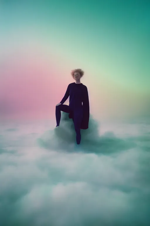 Image similar to high quality pastel coloured film close up wide angle photograph of a model wearing clothing swimming on cloud furniture in a icelandic black rock!! environment in a partially haze filled dreamstate world. three point light, rainbow. photographic production. art directed. pastel colours. volumetric clouds. pastel gradient overlay. waves glitch artefacts. extreme facial clarity. 8 k. filmic.