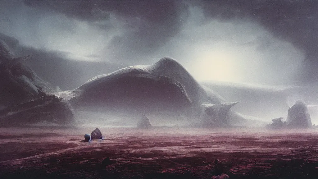 Prompt: otherworldly atmosphere of an alien planet by arthur haas and bruce pennington and john schoenherr, cinematic matte painting, zaha hadid building, 8 k realistic, stormy rainfall, dark moody colors