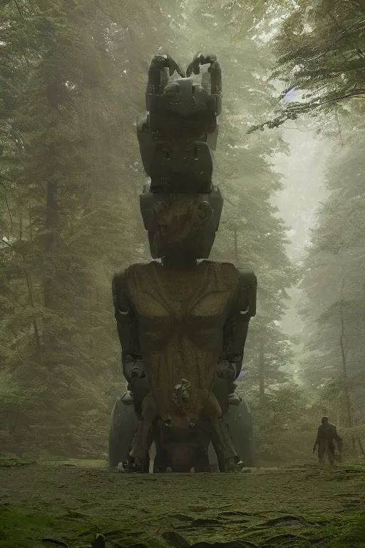 Image similar to A large robot stone statue in the middle of a forest by Greg Rutkowski, Sung Choi, Mitchell Mohrhauser, Maciej Kuciara, Johnson Ting, Maxim Verehin, Peter Konig, final fantasy , 8k photorealistic, cinematic lighting, HD, high details, atmospheric,