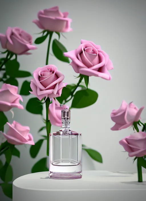 Prompt: perfume bottle standing in white enchanted garden of pink flowers, roses in an ivory room well contoured smooth fair walls, up close shot, sharp focus, global illumination, radiant light, surral photography, octane highly render, 4 k, ultra hd,