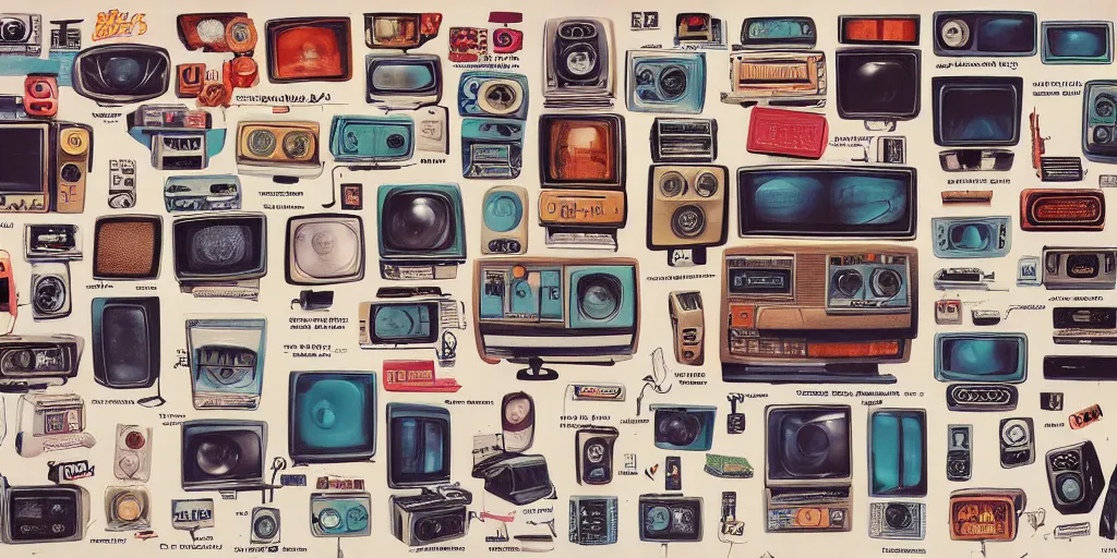 Prompt: full color page scan reference sheet of various retro tv on white background, matte painting