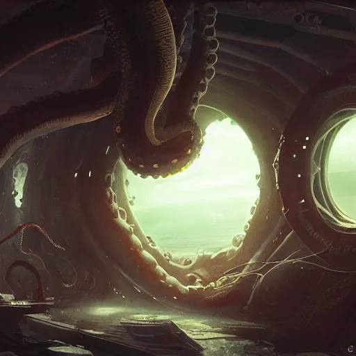 Image similar to The giant octopus monster through the spaceship window, wide shot, broad detail, by Greg Rutkowski