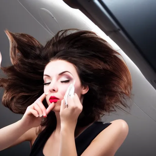 Prompt: still photo, young woman, falling from plane, scared face, camera view from beneath the person, putting makeup on