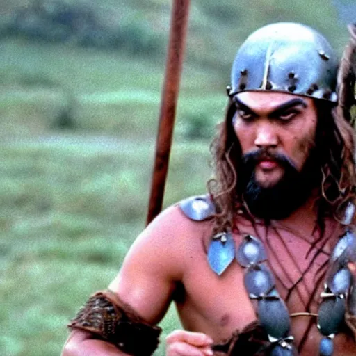 Prompt: A still of Jason Momoa in Monty Python and the Holy Grail (1975)