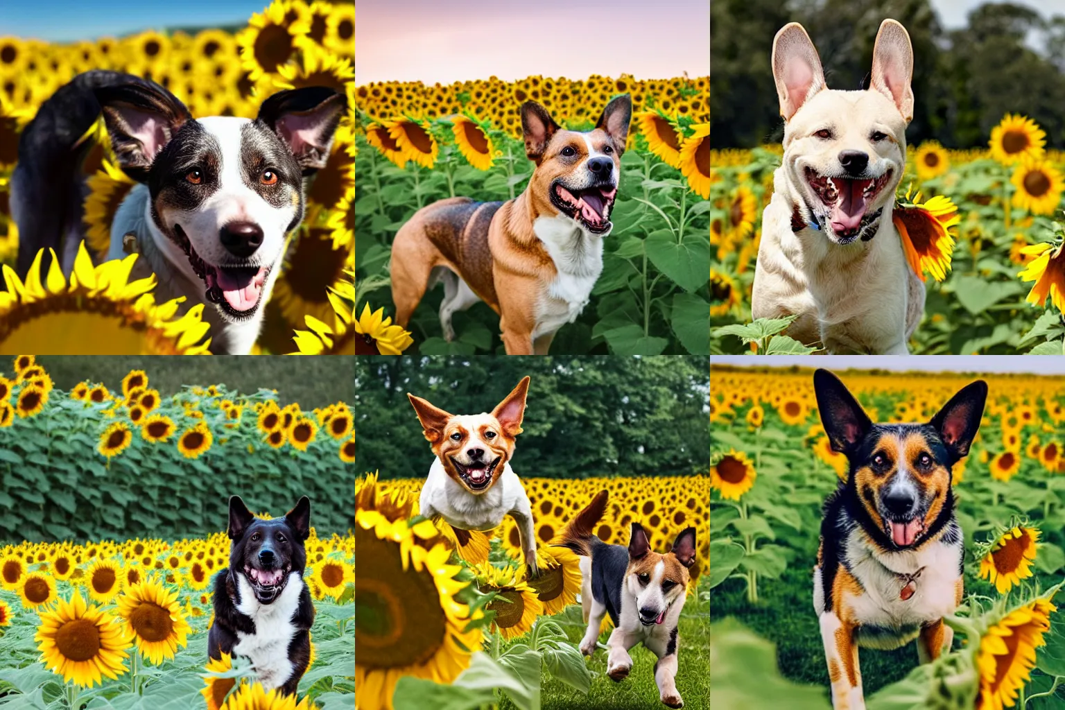 Prompt: A happy dog with floppy ears running through a field of sunflowers
