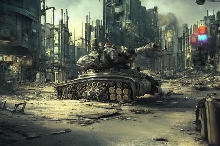 Prompt: an armored mechanical steampunk tank driving through a war - torn cyberpunk city, cinematic