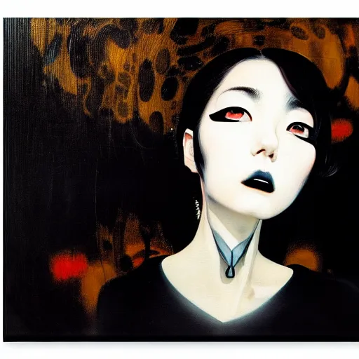 Prompt: yoshitaka amano blurred and dreamy minimalistic oil portrait of a young woman with black lipstick and black eyes wearing dress suit with tie, junji ito abstract patterns in the background, satoshi kon anime, noisy film grain effect, highly detailed, renaissance oil painting, wide brush strokes, weird portrait angle, blurred lost edges