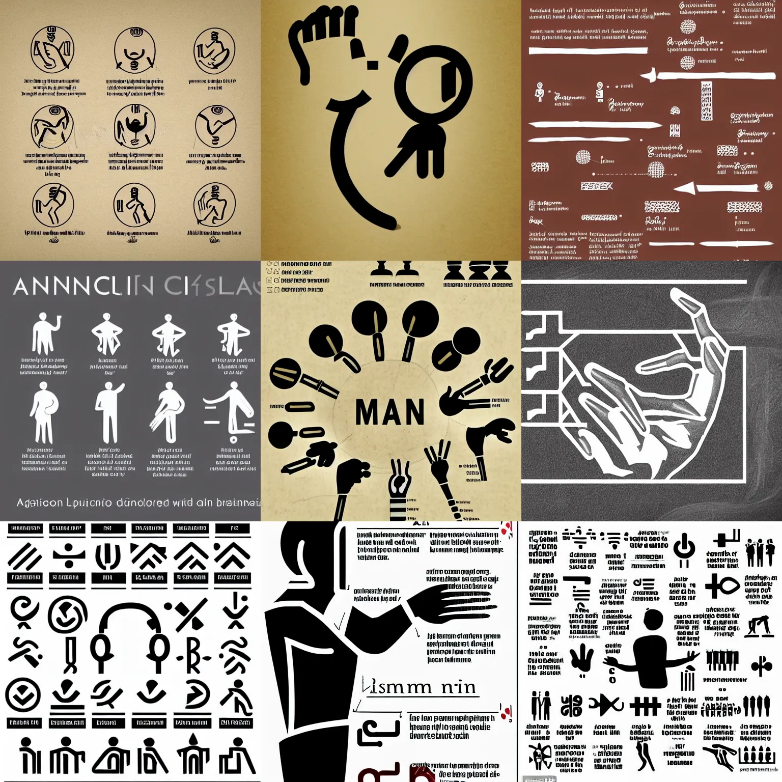 Prompt: sharp, simplified drawing for an infographic showing a man using ancient albanian sign language, with denotations of the words and phrases represented by each sign