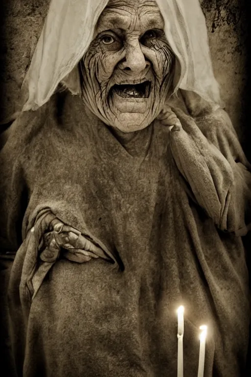 Image similar to old wrinkled woman with pustules, evil smile, medieval clothing, lord of the rings style, highly detailed, creepy atmosphere, candles