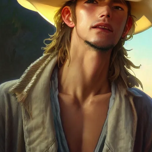 Prompt: highly detailed vfx portrait of a blond mid - section young man with cowboy hat by eiichiro oda, makoto shinkai, alphonse mucha, sharp focus, art by artgerm and greg rutkowski!, backlit, harsh overhead sunlight, detailed,