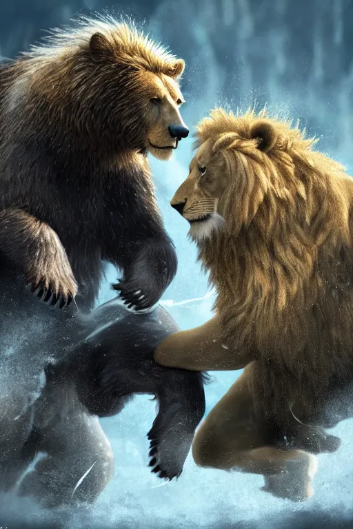 Prompt: A Bear and a Lion Fighting, artstation, 4k detailed