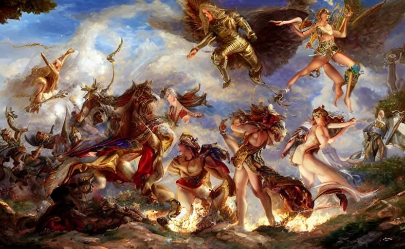 Prompt: The epic battle of elves and angels on the ancient ruins. By Konstantin Razumov, highly detailded
