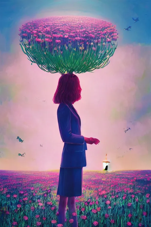 Image similar to closeup, giant flower head, girl in suit standing in a field of flowers, surreal photography, sunrise, blue sky, dramatic light, impressionist painting, digital painting, artstation, simon stalenhag