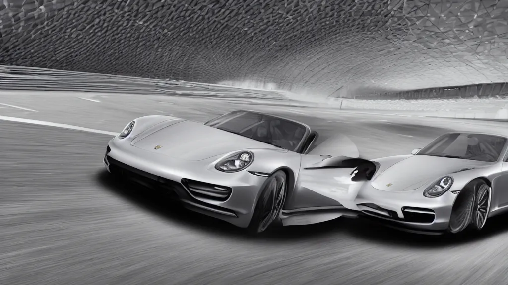 Image similar to virtual photography of a porsche concept car on racetrack, cinematic, fine details, symmetrical, 4 k