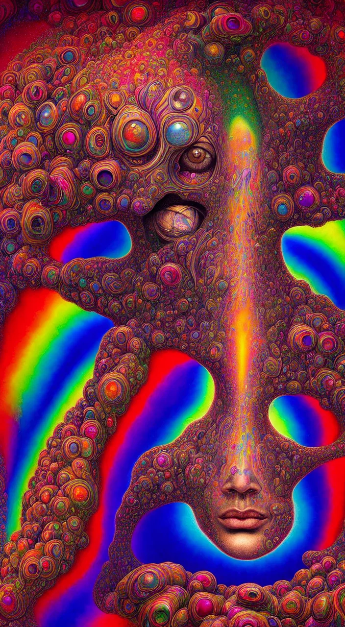 Image similar to hyperrealistic abstract close-up Renaissance psychedelic!! celestial happy! pure creature!! peaceful! kind spirit of nature! beautiful fractal!! eyes! highly detailed concept art eric zener elson peter cinematic hard rainbow lighting high angle hd 8k sharp shallow depth of field endless, inspired by Zdzisław Beksiński Salvador Dali