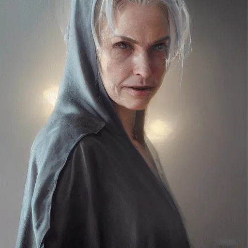 Image similar to An oil painting of a stunningly beautiful female dressed in priest robes, 50 years old, short grey hair, trimmed beard, sharp facial features, beautiful, highly detailed, by Cédric Peyravernay, by greg rudkowski, trending on artstation